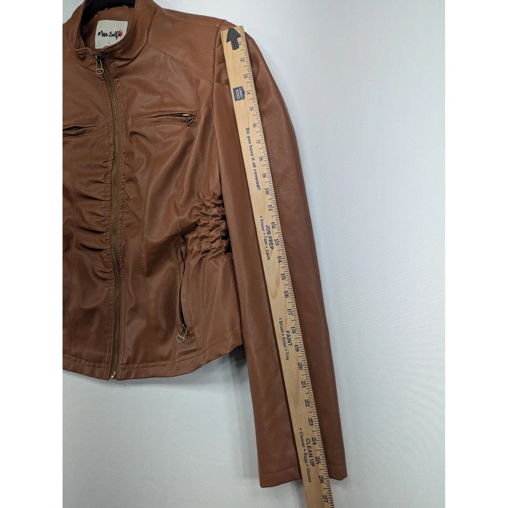 Miss Selfie‎ Womens Cognac Brown Faux Leather Ruched Moto Biker Jacket Large